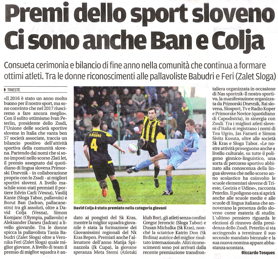 Il quotidiano Il Piccolo e il 2016 del nostro sport slosport