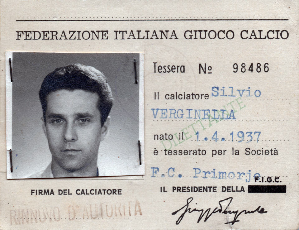 Izkaznica Silvia Verginelle iz leta 1967, ko je Primorje igralo v 3. AL