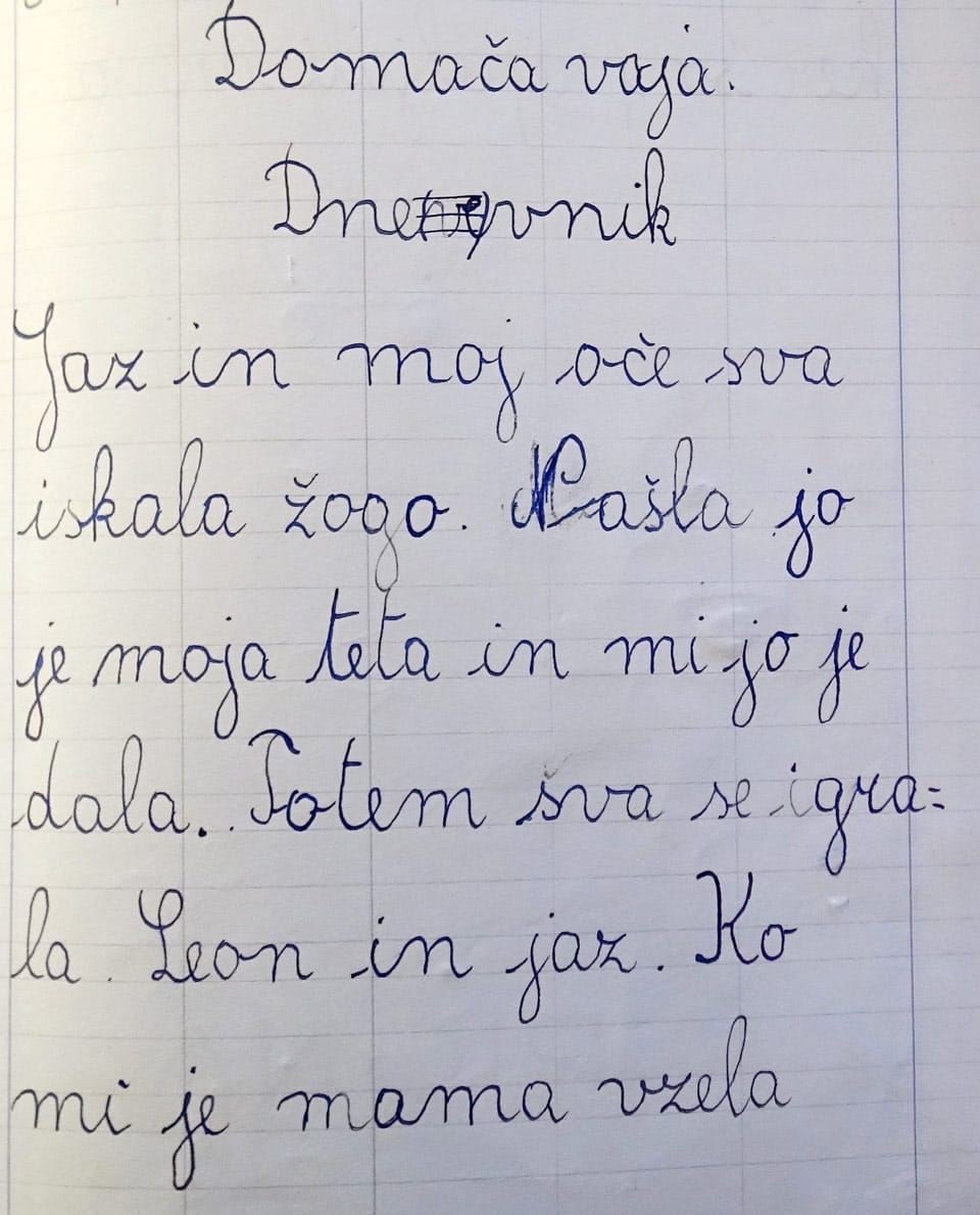 foto 3 - Foto 3.a Zvezek: Februar 1960 »Jaz in moj oče sva iskala žogo. Našla jo je teta (Gusta) in mi jo je dala. Potem sva se igrala Leon (Missio) in jaz. Ko mi je mama vzela žogo, sem šel k teti (Vitorji) gledat, ker so pripeljali drva.« V košu sem narisal žogo, ki mi jo je mama skrila.