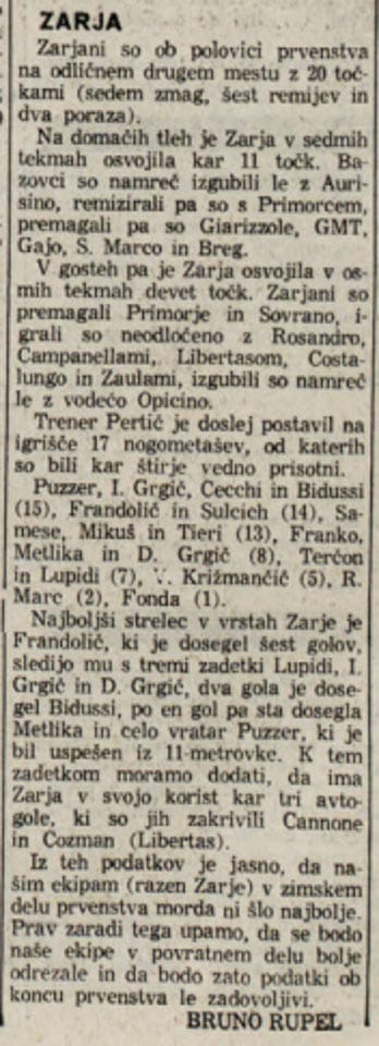 Foto 11: Tako je statistično Rupel statistično potek prvega dela prvenstva. Ker je v prvenstvu sodelovalo veliko slovenskih ekip, je Primorski organiziral tudi Pokal za najboljše slovensko moštvo v medsebojnih dvobojih. Zmagala je ekipa Primorja.
