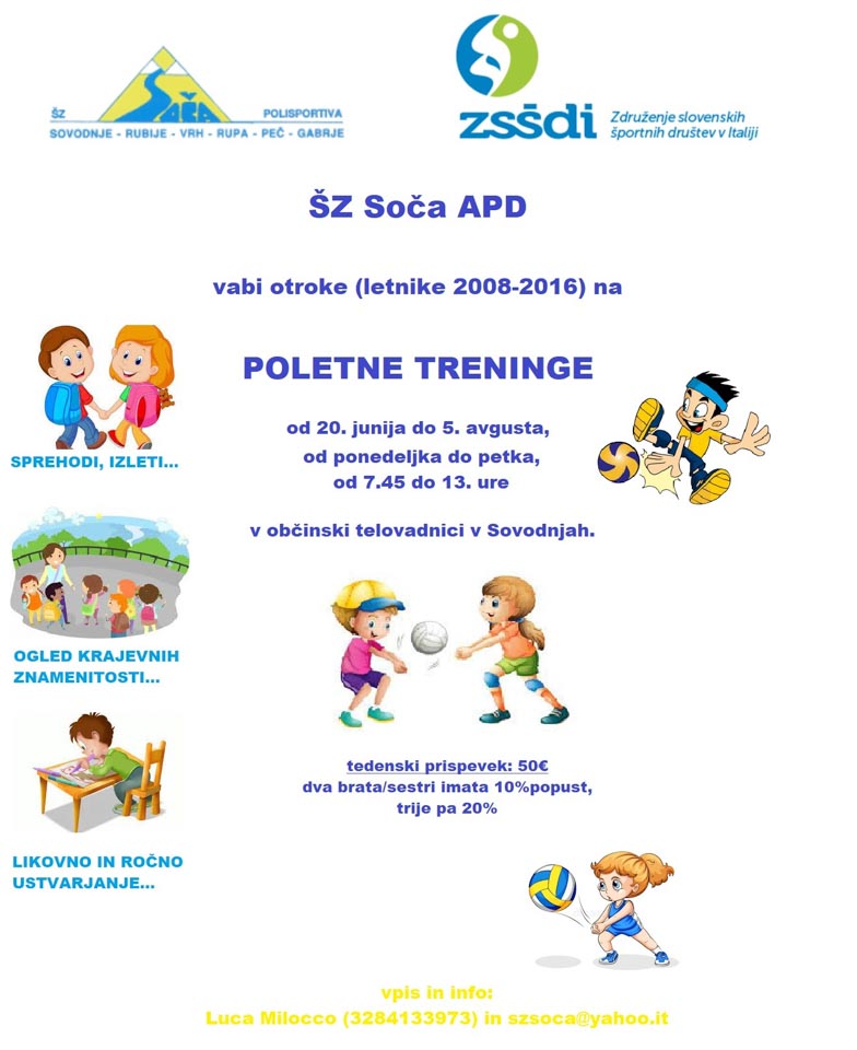 ŠZ Soča: poletni treningi za otroke od 20. junija do 5. avgust