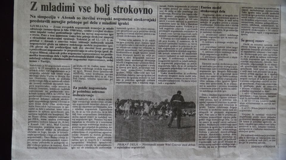 3. Foto
Članek v Delu nosi naslov Z mladimi vse bolj strokovno. Besedilo je napisal prof. Zdenko Verdenik v času, ko je obiskoval Visoko šolo za šport v Kölnu in velja za prvo strokovno teoretično analizo Coerverjevega dela v slovenskem jeziku.