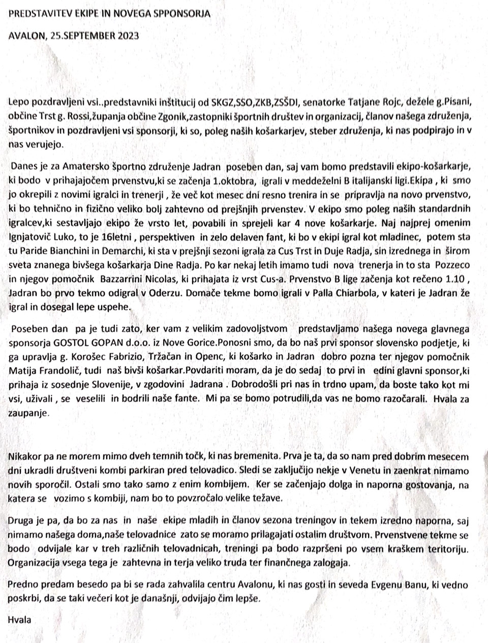 PREDSTAVITEV EKIPE IN NOVEGA SPPONSORJA